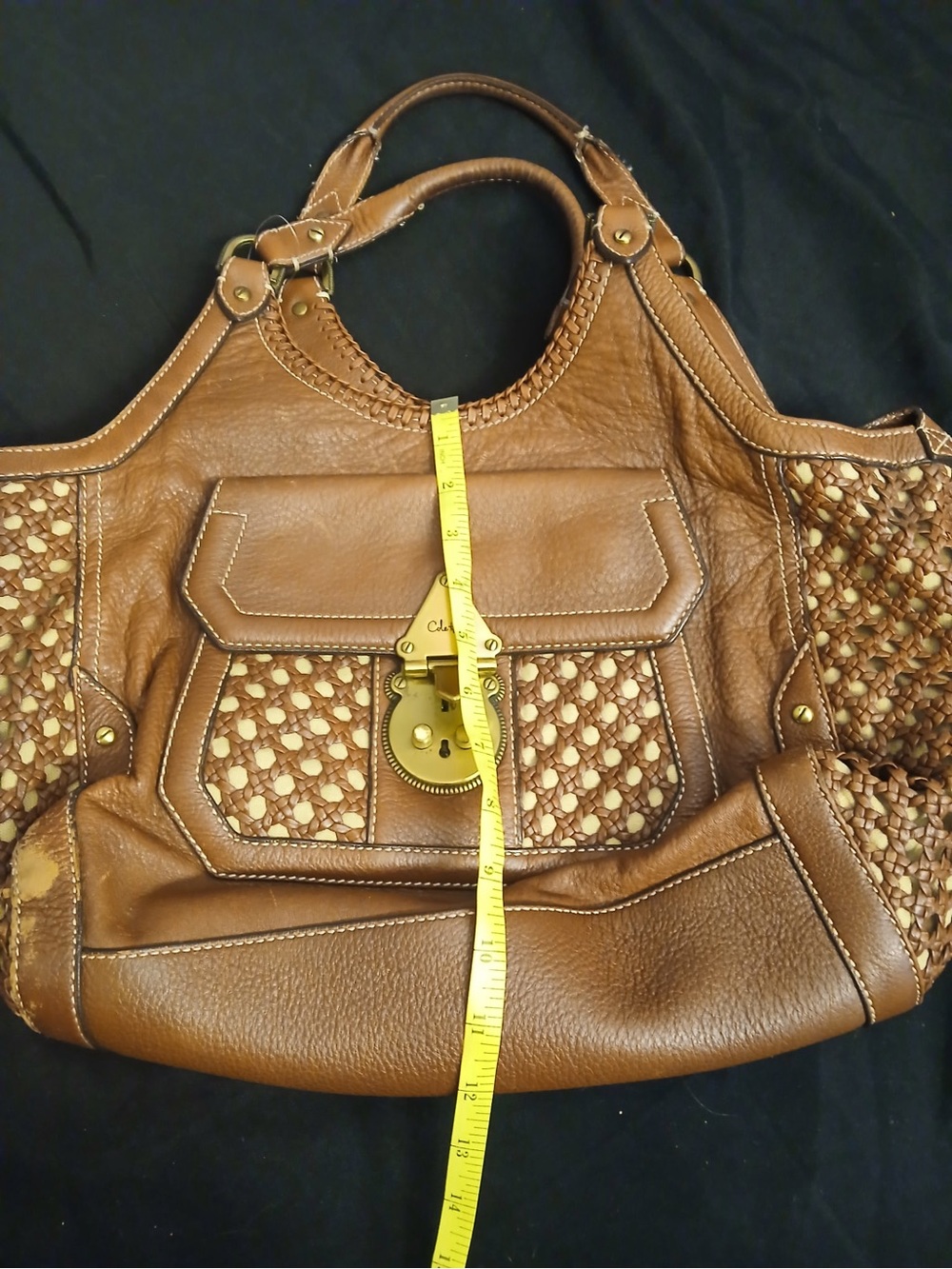 Cole Haan Tan Woven Leather Shoulder Bag with Gold Lock - Picture 7 of 16